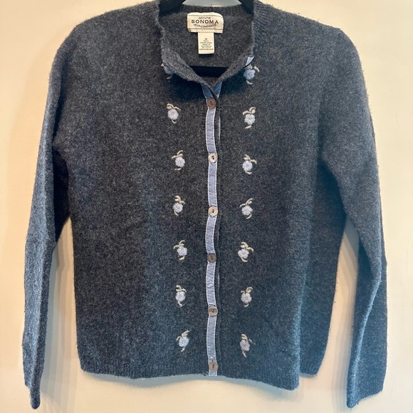 Vintage Y2K Sonoma Wool Charcoal Cardigan with Embroidered Flowers Medium - Picture 4 of 5
